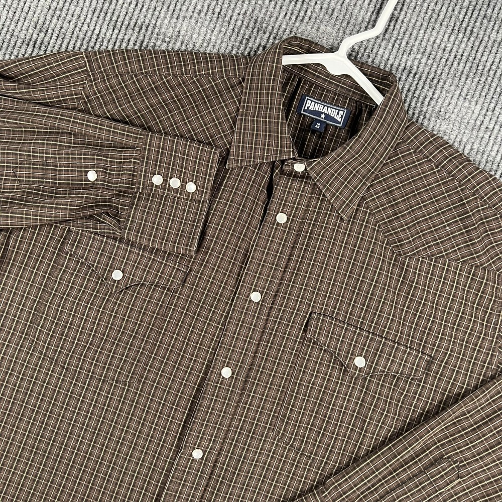Panhandle Shirt Mens 18 35 XL Extra Large Brown Plaid Pearl Snap Western Ranch